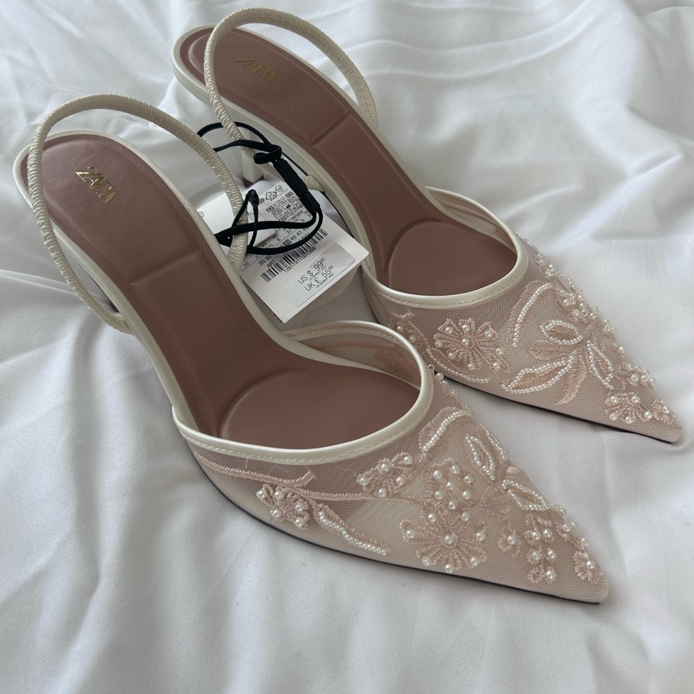 ZARA Embroidered Mesh Slingback Heels